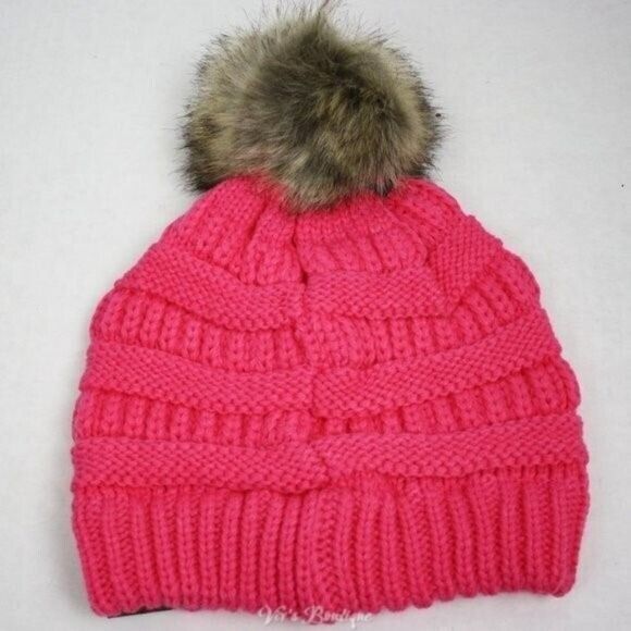 C.C. Ribbed Knit‎ Beanie Hat Candy Pink with Taupe Pom Women's One Size - Picture 3 of 3